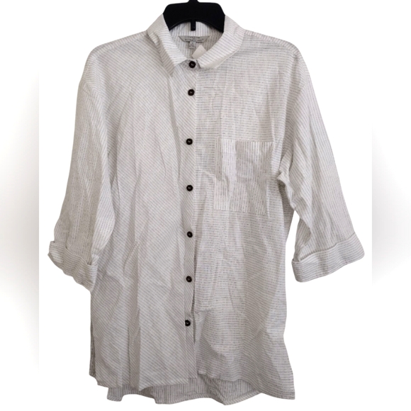Hester & Orchard Tops - Hester & Orchard Linen Cotton Blend Striped White Blue Button-Up Shirt Small